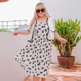 Set: Sleeveless Bow Midi A-line Dress + Short-sleeve Jacket