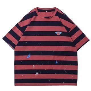 Short-sleeve Striped Splatter Print T-shirt