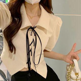 Elbow-sleeve Collar Lace-up Blouse