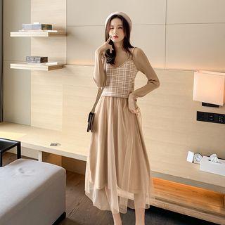 Set: Mesh Overlay Knit Dress + Sleeveless Check Knit Top