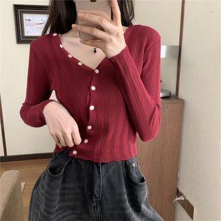 Long Sleeve V-neck Asymmetric Button Cropped Top