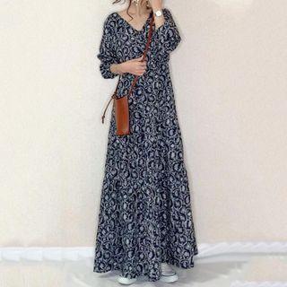 Long-sleeve Patterned A-line Maxi Dress Dark Blue - One Size