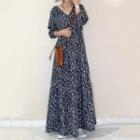 Long-sleeve Patterned A-line Maxi Dress Dark Blue - One Size