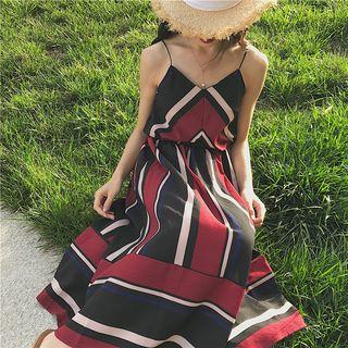 Striped Spaghetti Strap Midi Chiffon Dress