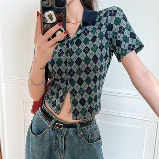 Short-sleeve Argyle Collared Top