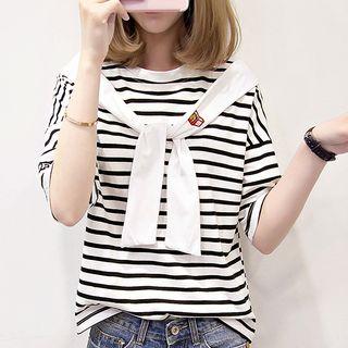 Elbow-sleeve Striped T-shirt With Embroidered Shawl