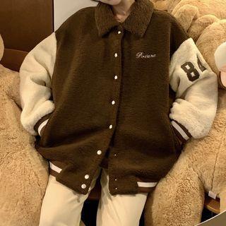 Lettering Collared Single-breasted Fleece Jacket