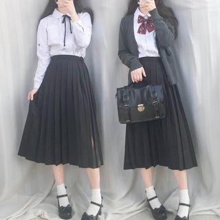 Set: Long-sleeve Shirt + Midi A-line Pleated Skirt + Cardigan + Bow