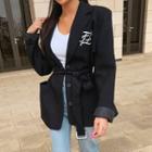 Letter-embroidered Piped Blazer With Belt