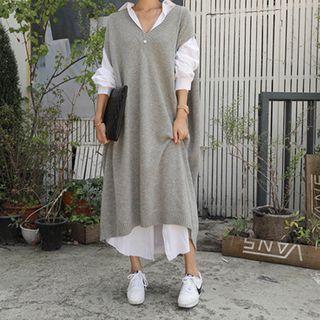 Short-sleeve Midi Sweater Dress Gray - One Size