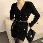 Set: Long-sleeve V-neck Button-up Knit Dress + Chain Black - One Size