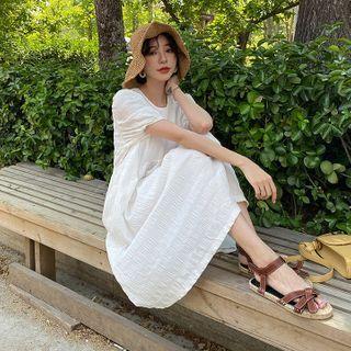 Puff-sleeve Crinkled Midi Dress