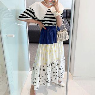 Band-waist Color-block Tiered Skirt