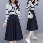 Set: Long Sleeve Pattern Shirt + High Waist Plain A-line Skirt
