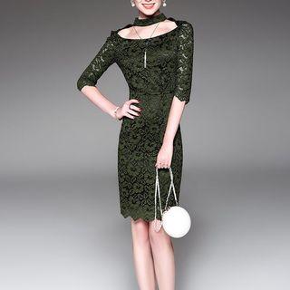 Elbow-sleeve Floral Embroidered Crewneck A-line Cutout Plain Panel Slim Lace Sheath Dress