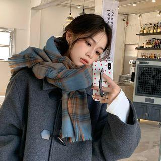 Plaid Sherpa Fleece Scarf Coffee & Blue - One Size