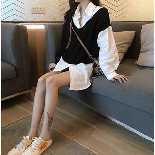 Mock Two-piece Long-sleeve Top Black - One Size