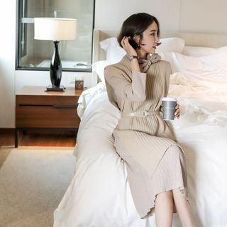 Set: Tie-neck Textured Dress + Ribbed Long Vest