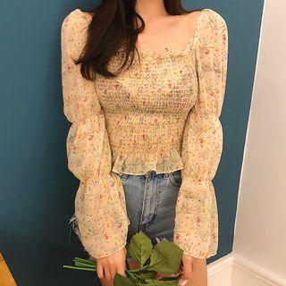 Floral Print Shirred Off-shoulder Chiffon Blouse