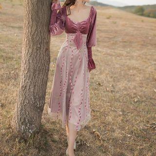 Balloon-sleeve Striped Floral Embroidered Midi A-line Dress
