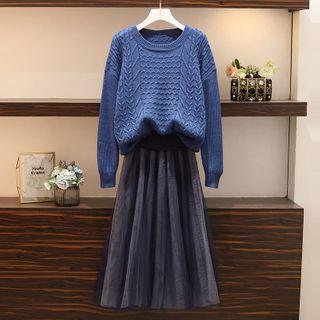 Set: Cable-knit Sweater + Mesh Midi A-line Skirt