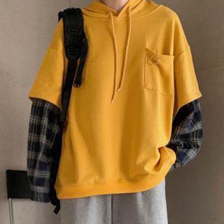 Mock Two-piece Plaid Sleeve Hoodie