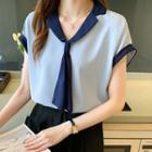 Short-sleeve Collared Two-tone Chiffon Blouse