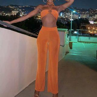Set: Halter-neck Bralette + High Waist Wide Leg Pants