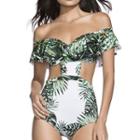 Off-shoulder Printed Cutout Swimsuit