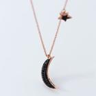 925 Sterling Silver Rhinestone Moon & Star Pendant Necklace Black Moon - Silver - One Size