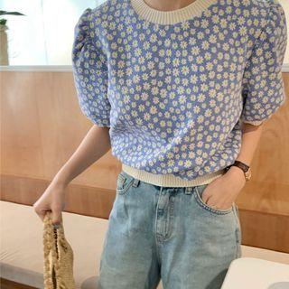 Short-sleeve Floral Crop Knit Top