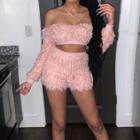 Set: Off-shoulder Long-sleeve Crop Top + Fluffy Drawstring Shorts
