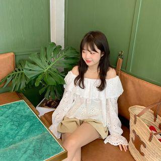 Bell-sleeve Off-shoulder Eyelet Blouse White - One Size