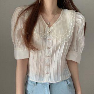 Collar Chiffon Puff Short Sleeve Crop Top