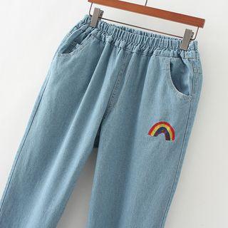 Rainbow Embroidered Band Waist Jeans