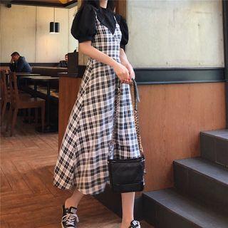 Short-sleeve Plain Top / Plaid Sleeveless Dress