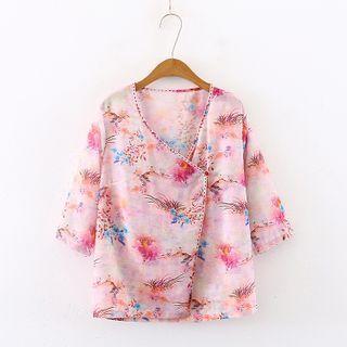 Printed 3/4-sleeve Frog-button Jacket