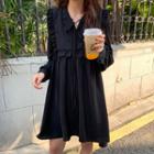 Long-sleeve Tie-neck Chiffon Dress Black - One Size