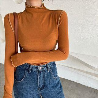 Plain Mock-neck Ruffled-trim Long-sleeve T-shirt