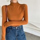 Plain Mock-neck Ruffled-trim Long-sleeve T-shirt