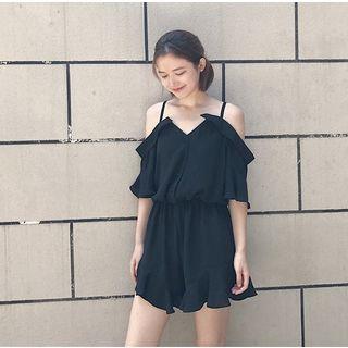 Cutout Shoulder Elbow Sleeve Ruffle Playsuit