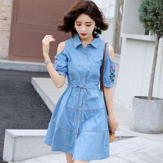 Cold-shoulder Short-sleeve Mini Denim Dress