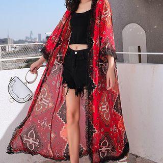 Printed Midi Chiffon Jacket Red - One Size