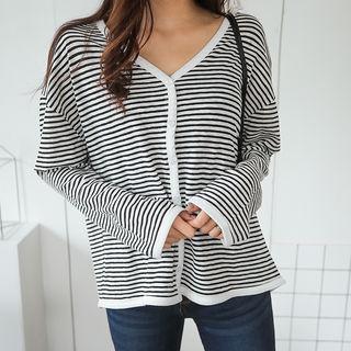 V-neck Buttoned Striped Cardigan