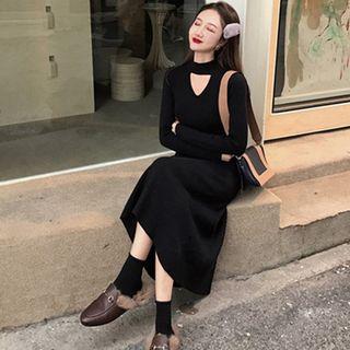 Long-sleeve Cutout A-line Midi Dress Black - One Size