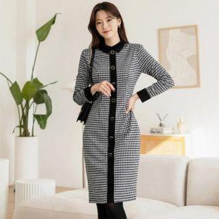 Contrast-collar Houndstooth Sheath Dress