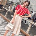 Set: Striped Short-sleeve T-shirt + High Waist A-line Skirt