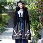 Crane Embroidered Furry Hood Cape