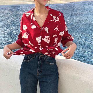Elbow-sleeve Flower Print Shirt