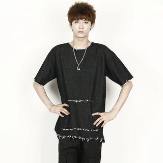 Round-neck Short-sleeve Distressed Denim T-shirt